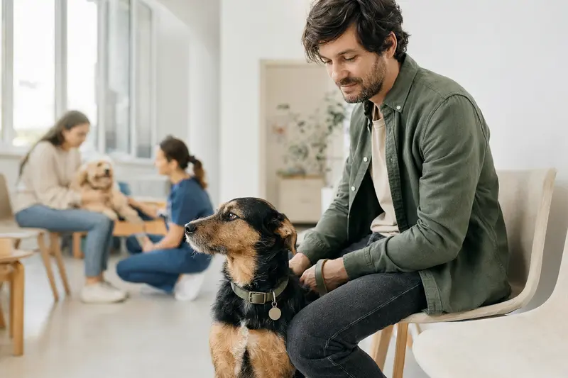 Ein Chodenhund sitzt ruhig neben seinem Besitzer im hellen Wartezimmer einer modernen Tierarztpraxis.
